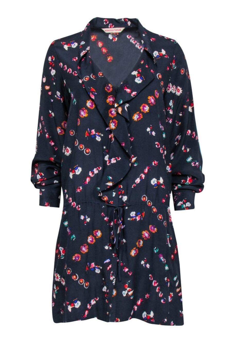 Rebecca Taylor Silk Navy Long Sleeve Dress w/ Multi Color Floral Print